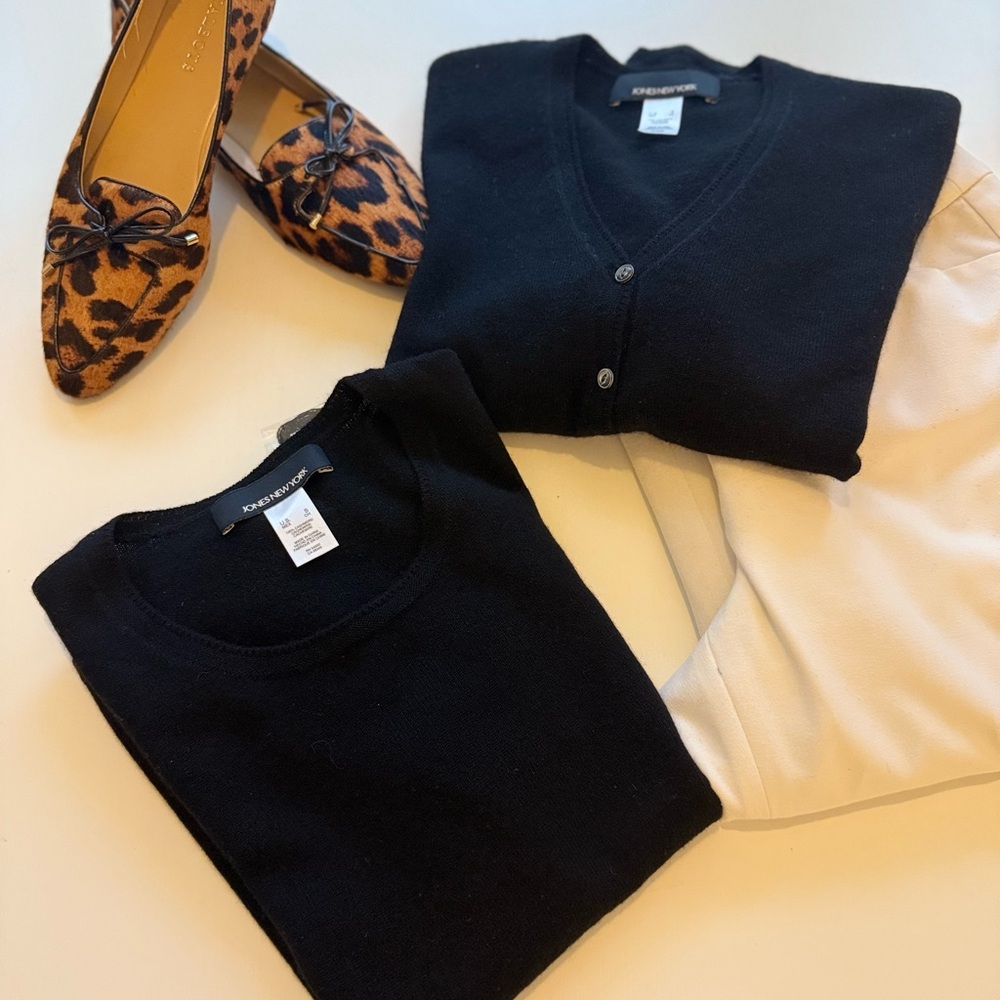 NWT Jones New York Black Cashmere Cardigan and Sweater Set